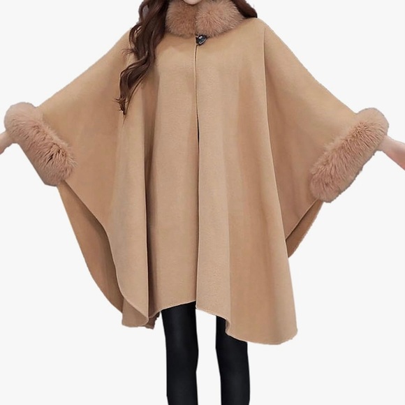 Cape Coat-One Size-Cotton Blend-Camel Color - Picture 8 of 8